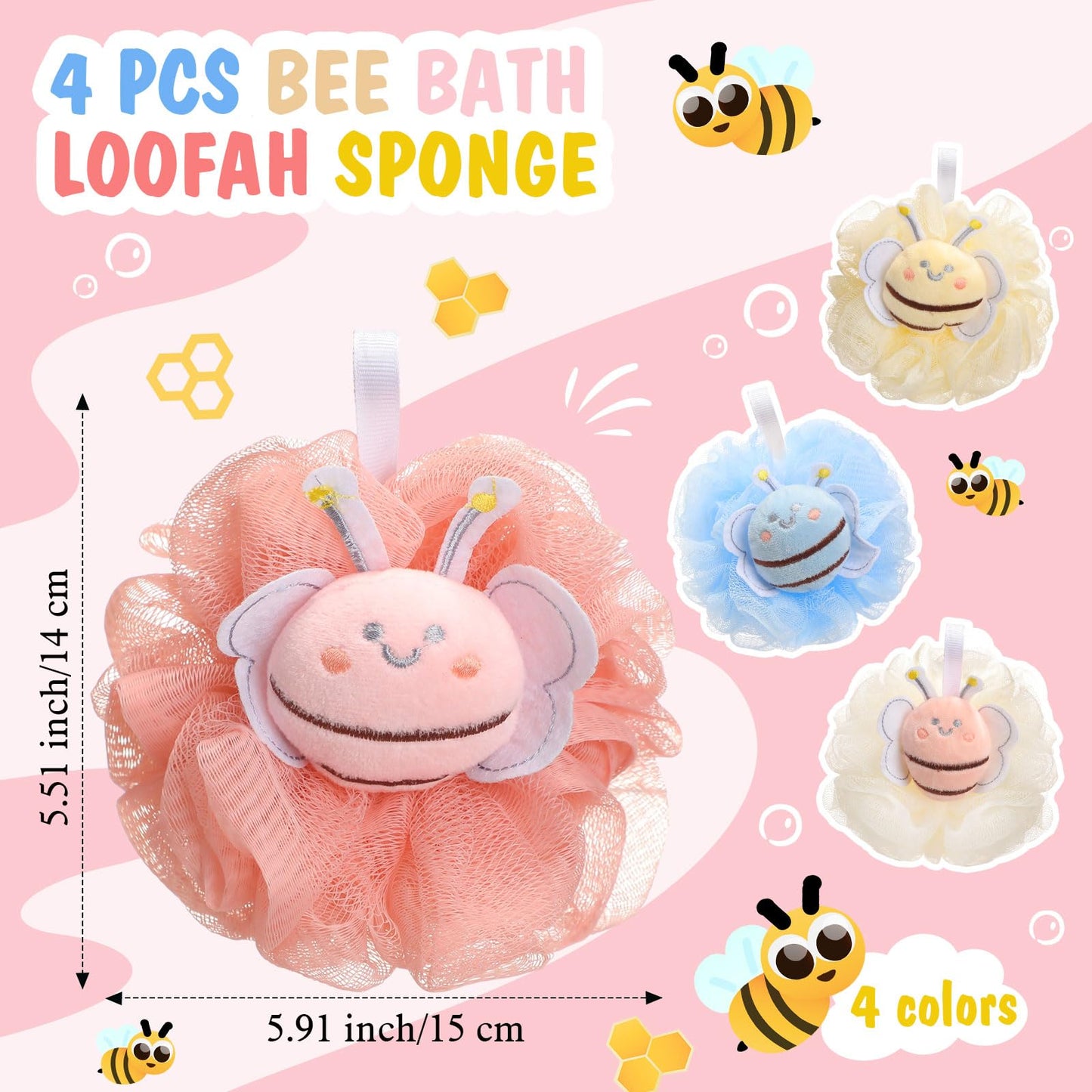 Reallnaive 4 Pcs Bee Bath Loofah Sponge Cartoon Body Scrubber Loofah Soft Mesh Exfoliating Bath Scrubber Shower Ball for Shower Sponge Gifts Exchange Birthday Party