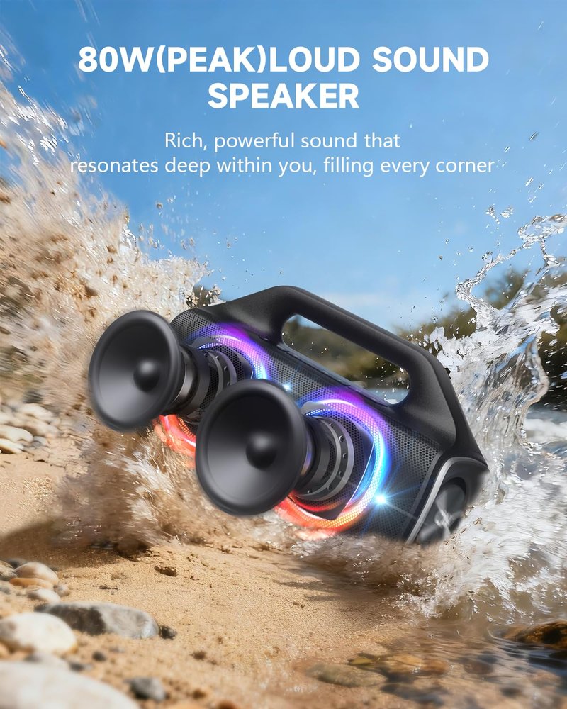 OYW IPX67 Waterproof Bluetooth Speaker:80W(Peak) Loud Outdoor Portable Wireless Party Speakers with LED Lights,20H Playtime,Bluetooth 5.3,Deep Bass & TWS for Pool,Beach