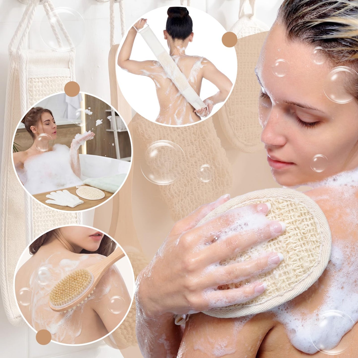 Geelin 8 Pcs Natural Loofah Exfoliating Body Scrubber Set Natural Sisal & Loofah Sponges Wooden Brushes for Dry Brushing Shower Scrubbing, Luffa Sponge to Clean Your Body and Back Deeply