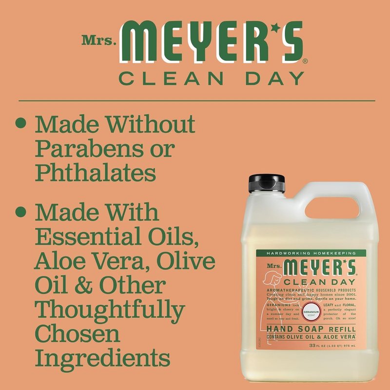 Mrs. Meyer's Clean Day Hand Soap Refill - Geranium Scent with Essential Oils | 33 fl. oz