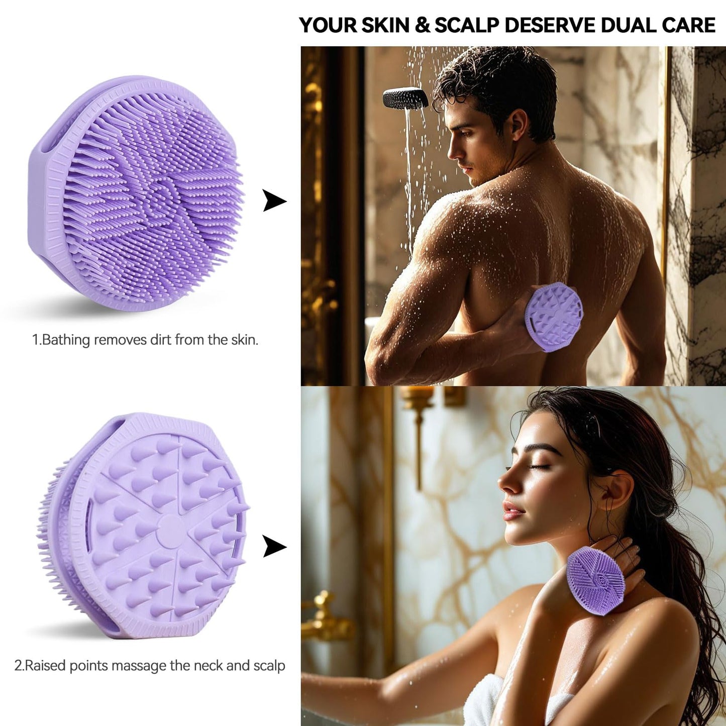 Dual-Sided Silicone Body Scrubber, Silicone Loofah for Shower Exfoliating Body Brush Scrubber for Men and Women for All Skin, Scalp Massager Lather Well＆Easy to Clean (Purple)