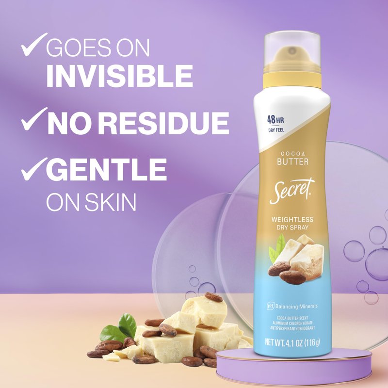 Secret Dry Spray Antiperspirant Deodorant for Women, 48hr Weightless Sweat & Odor Protection, Gentle on Skin, Cocoa Butter Scent, 4.1 oz