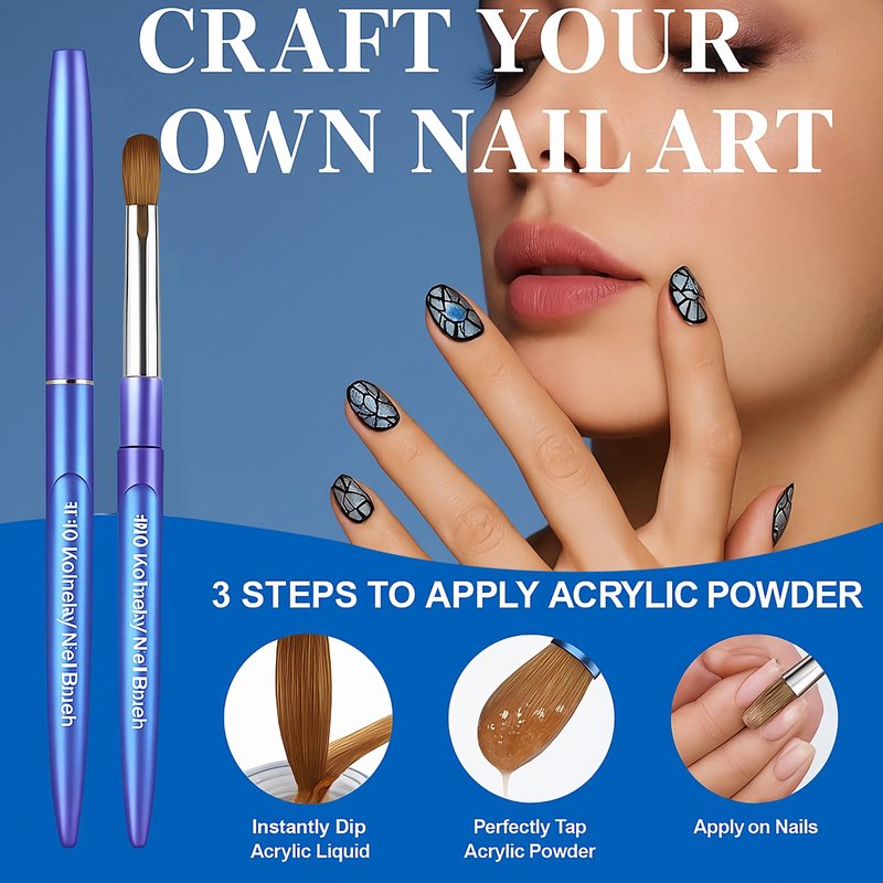 Kolinsky Hair Acrylic Nail Art Brush - Oval Crimped Tip for Precision, Gradient Blue Metal Handle | Size #8