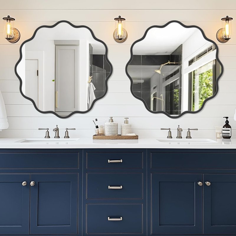 Black Round Bathroom Vanity Mirror - 36 Inch Wavy Design | Modern Wall-Mounted, Anti-Rust Tempered Glass