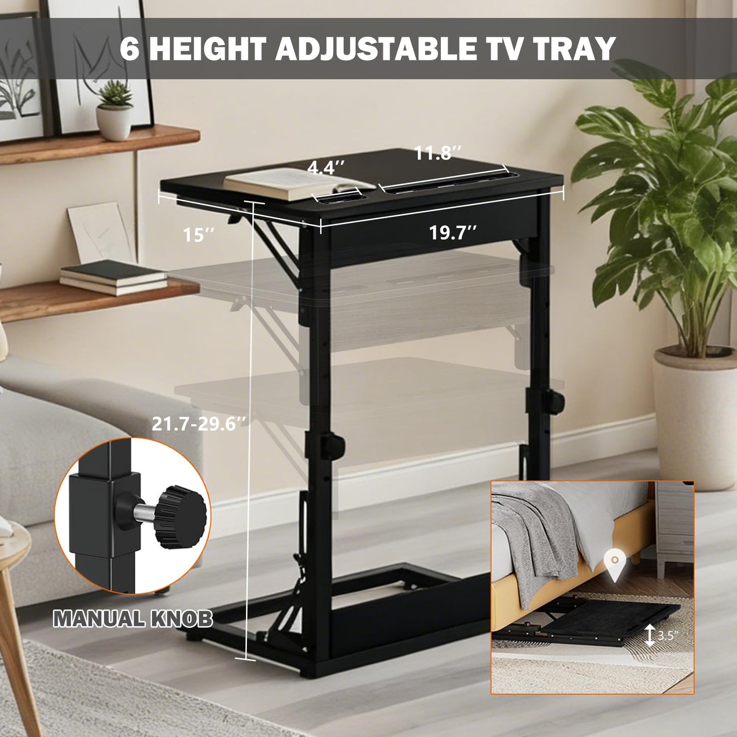 Folding TV Tray Table,TV Dinner Tray Table,Adjustable Height TV Trays for Eating on Couch,C Shaped End Table with Tablet and Phone Slots,Foldable Side Table&Laptop Desk for Sofa&Bedside&Recliner