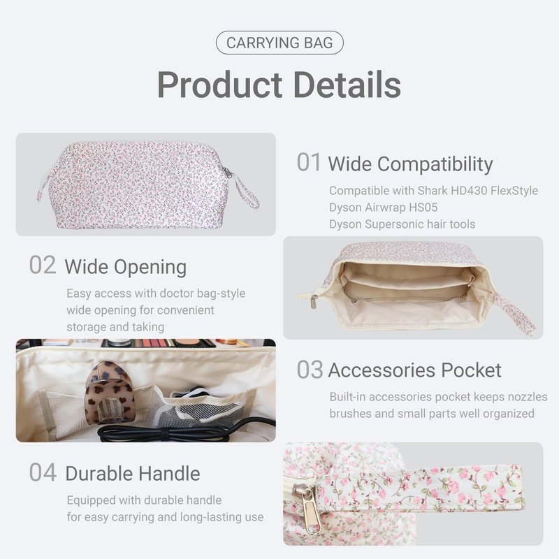 Quilted Hair Tools Travel Bag Compatible with Dyson Hair Dryer Airwrap, Floral Hair Tools Bag Compatible with Shark Flex Style Case, Hair Dryer, Curling Iron, Dustproof Travel Storage Organizer (Pink)