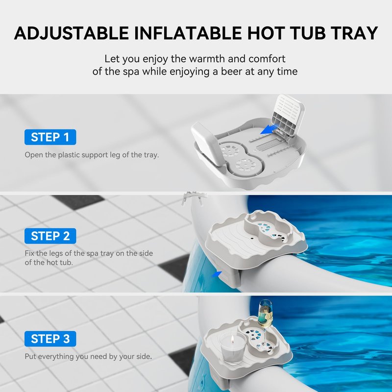 Anivia Hot Tub Table Tray, Adjustable Width 4" to 8" Hot Tub Accessories for Intex PureSpa, Nonslip Caddy Holds 2 Standard Drinks, Keep Snacks Handy & Dry, Fits Outdoor Inflatable Spa/Pool-Beige
