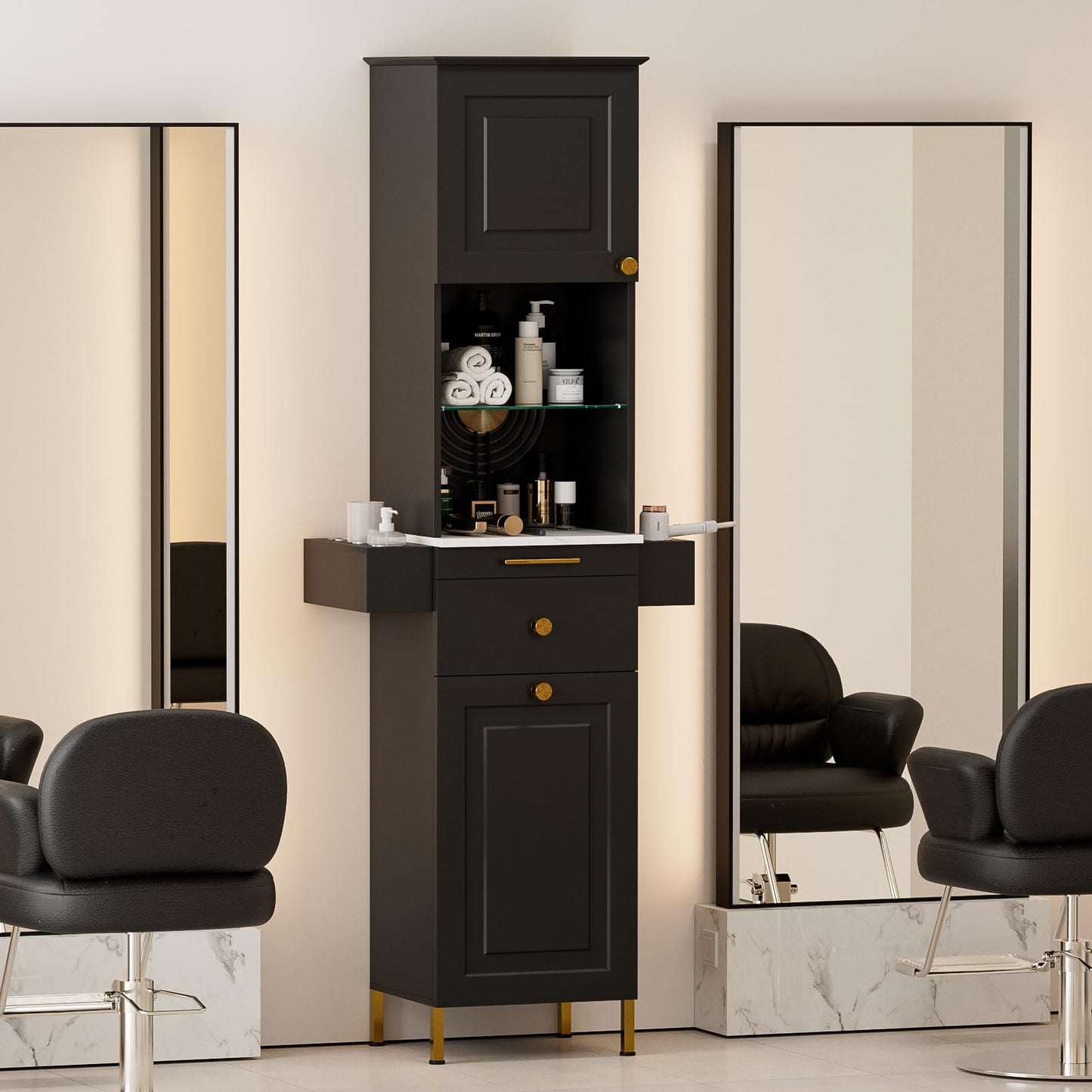 TTGIEET Beauty Salon Station, Hair Salon Station w/Glass Shelf & Golden Handles, Stylist Station for Salon w/6 Hair Dryer Holders, 2 Storage Cabinet & Drawers(Black)