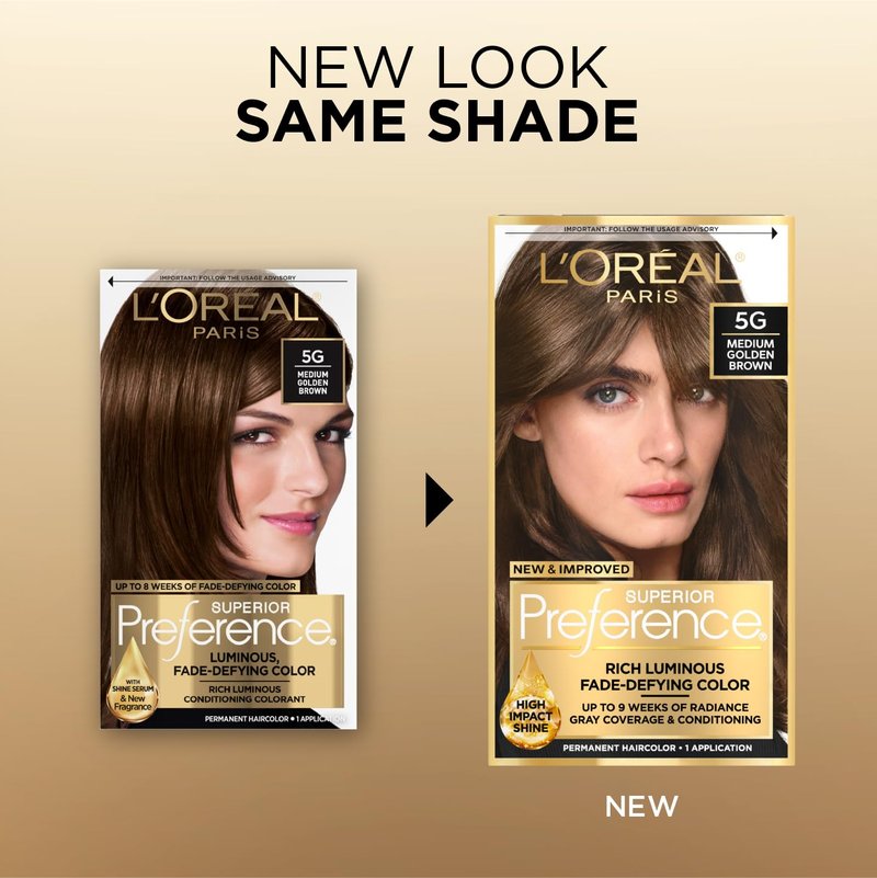 L'Oreal Paris Superior Preference Luminous Fade-Defying Permanent Hair Color, Hair Dye For Up to 9 Weeks of Radiance, Medium Golden Brown 5G, 1 Hair Dye Kit