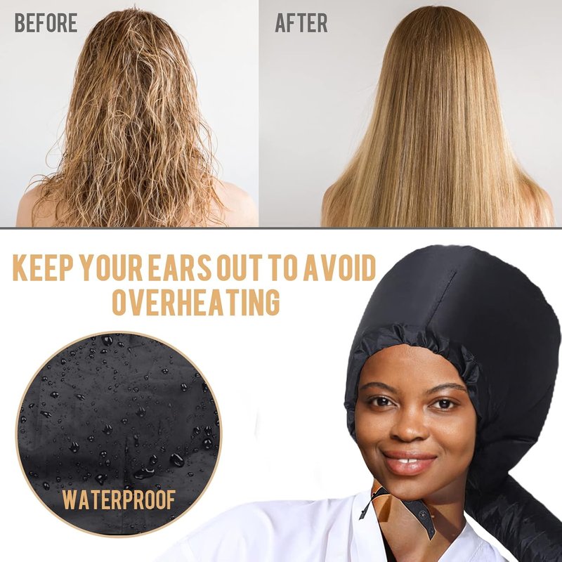 Bonnet Hood Hair Dryer Attachment - Elastic Strap for Hair Styling & Deep Conditioning | Black