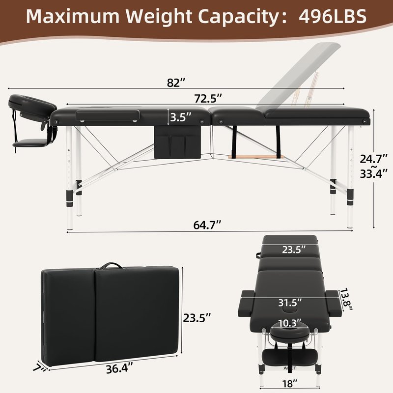 ABET Massage Table, 3 Fold Portable Professional Lash Tattoo Spa Bed, Height Adjustable 23.5" Wide Compact Facial Table with Detachable Oil Pocket Towel Rod Face Cradle Armrest, Aluminum Feet & Black