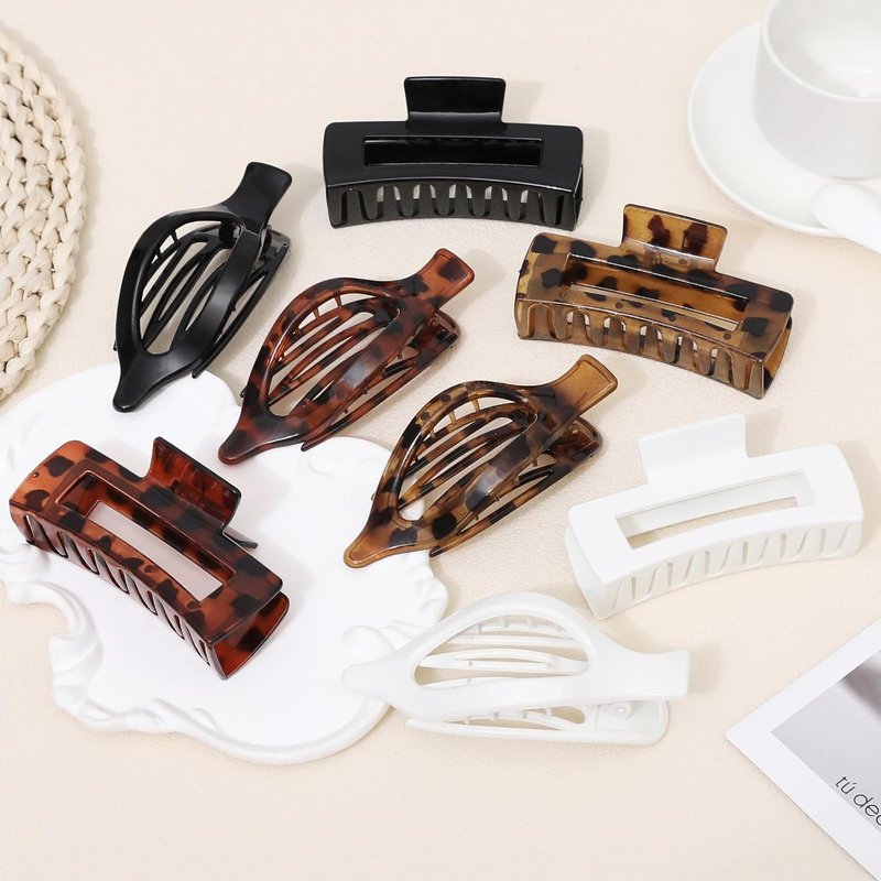 Large Hair Claw Clips for Women - 8 Pcs Square & Flat Clips for Thick or Thin Hair | Leopard Print Design
