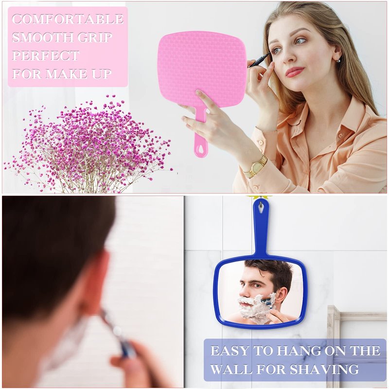 Jetec 3 Pcs Hand Handheld Mirrors with Handle Bulk, Small Portable Salon Barber Hairdressing Vanity Cosmetic Mirror for Travel, Home, Square(9.17 x 6.53 Inch,Blue, White, Pink)