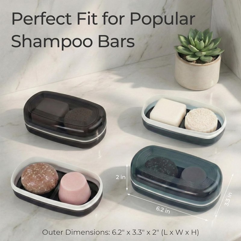 Shampoo Bar Holder Travel Case - Fits 2 Solid Shampoo & Conditioner Bars | Large Black Container for Bathroom or Travel