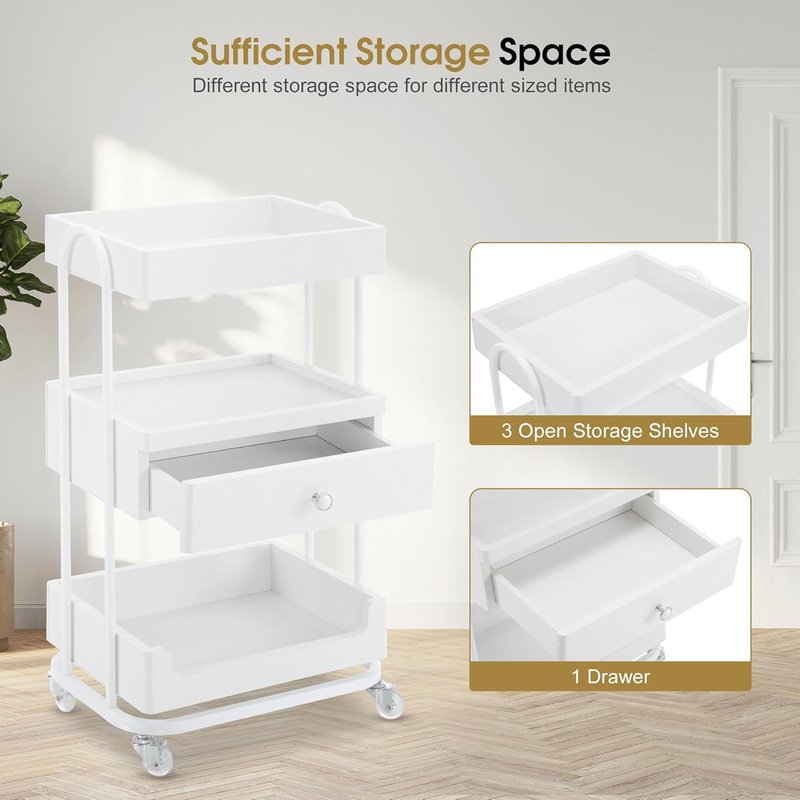 Salon Trolley Cart with Lockable Wheels - Engineered Wood Storage for Barber Shop & Spa | White