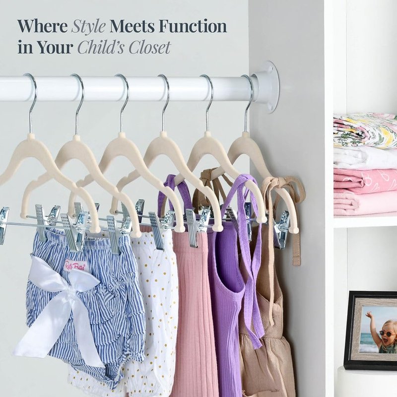 Home-it Non-Slip Velvet Clothes Hangers with Clips for Baby and Kids 12 Pack - Ivory Baby Clothes Hangers Skirt Hangers Heavy-Duty and Space-Saving - Ultra Thin Pants Hangers