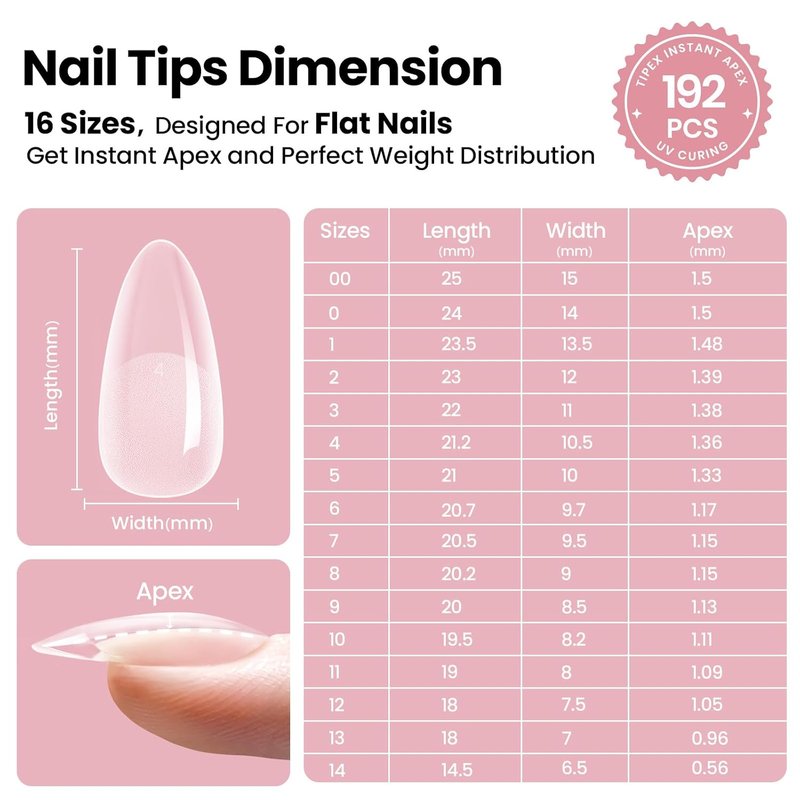 Beetles Instant Apex Nail Tips - Medium Almond, 192pcs, 16 Sizes 00-14 | Thicker Strong Acrylic for DIY Extensions