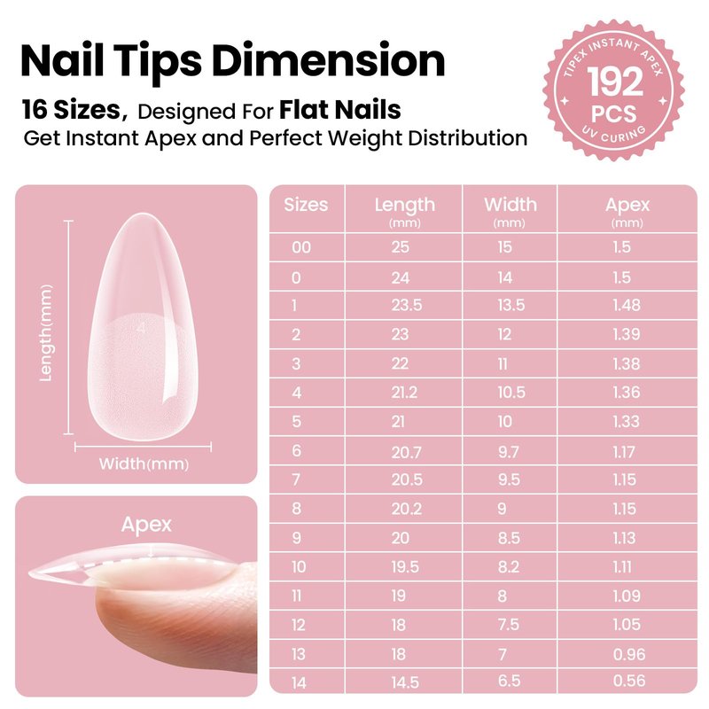 Beetles Tipex Instant Apex Nail Tips, 512Pcs Medium Oval Almond Pre-building Pre-Sculpted Pre-etched Acrylic Nail Tips Full Cover Press-on False Nail Extension
