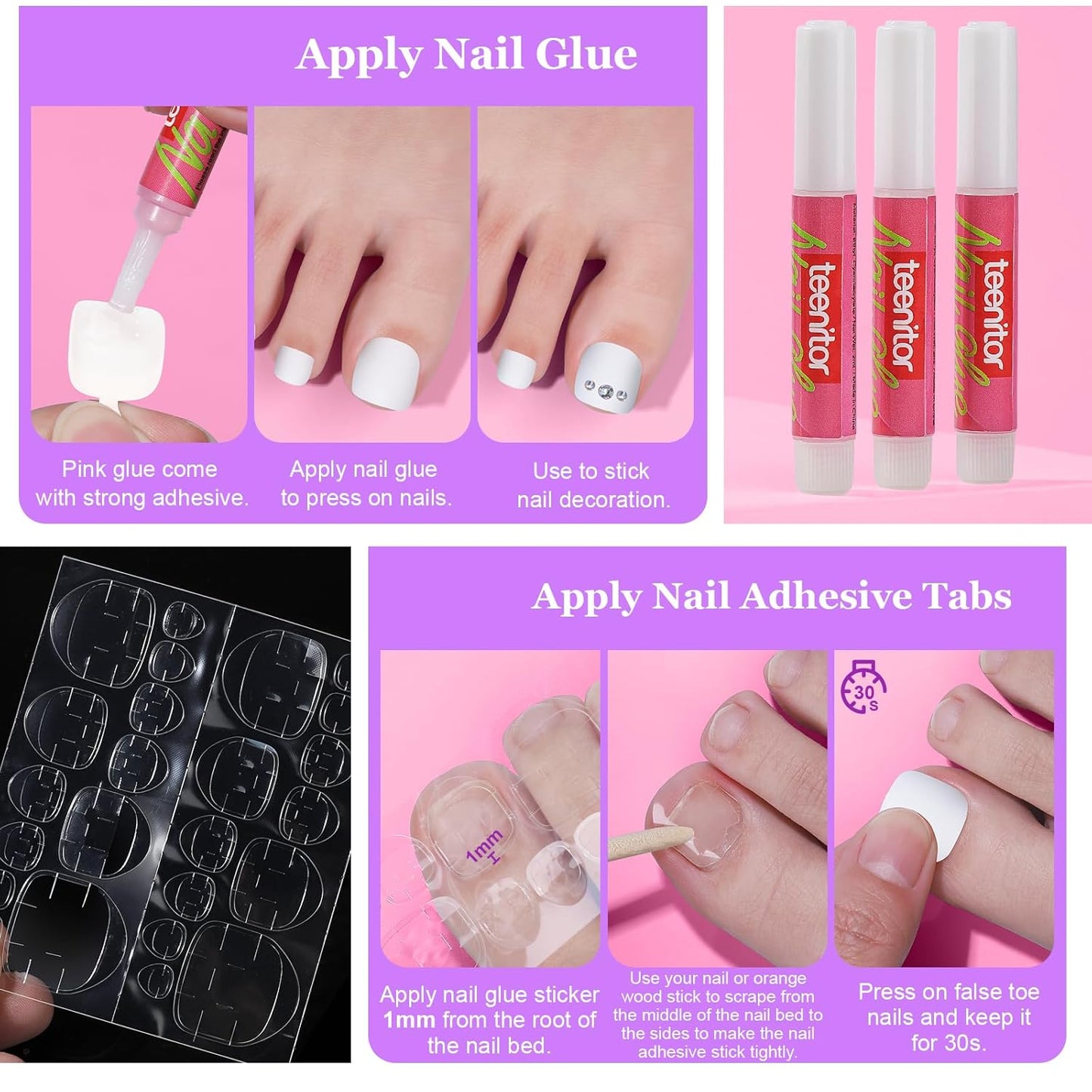 Teenitor White Press-On Toenails - 240 Pcs in 15 Sizes with Nail Glue | Square Fake Toenail Tips