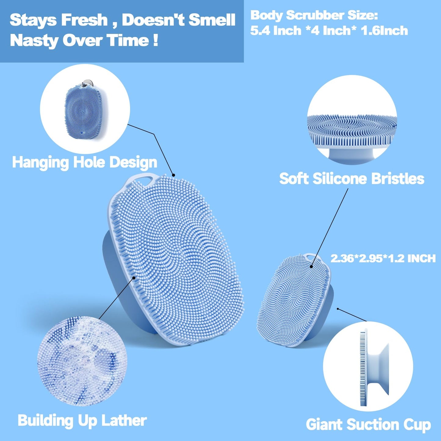 ARIOSOX, Soft Silicone Body Scrubber, Face Scrubber Silicone, Gentle Texture Exfoliating Body Scrubber for Men and Women On Sensitive Skin, Back Large Suction Cup for Easy Dry and Store (Blue)