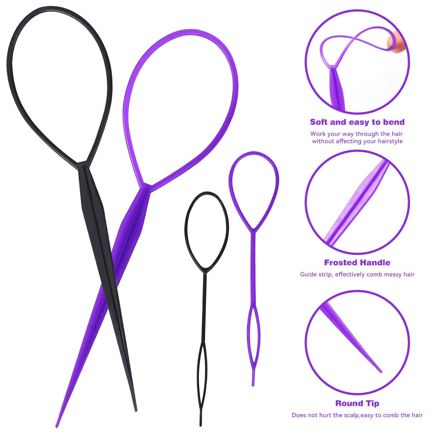 Topsy Tail Hair Styling Tools Set for Versatile Hairstyling - 4 Rat Combs, 4 Loop Turvy Tool