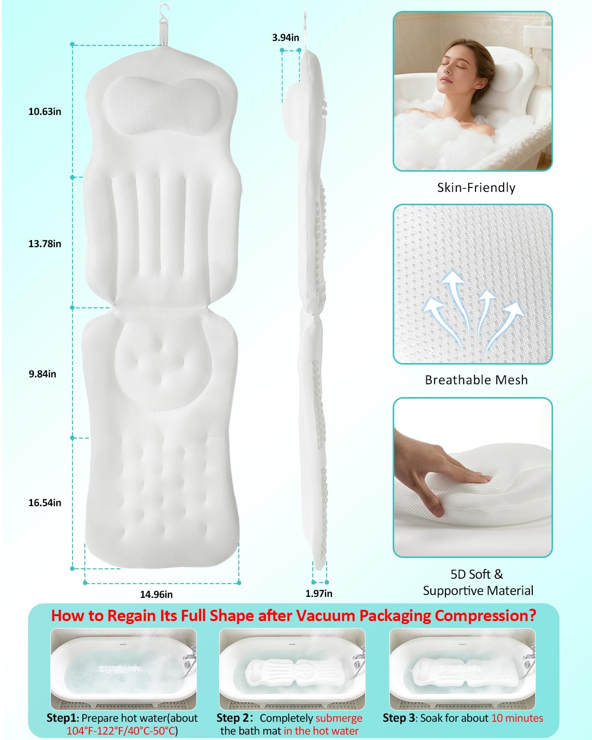 Full Body Bath Pillow for Bathtub, 5D Thick Tub Pillow for Bathtub with 192 Non-Slip Suction Cups, Laundry Bag & Hook, Bathtub Pillow for Head, Neck & Back Support (White, 51"*15")