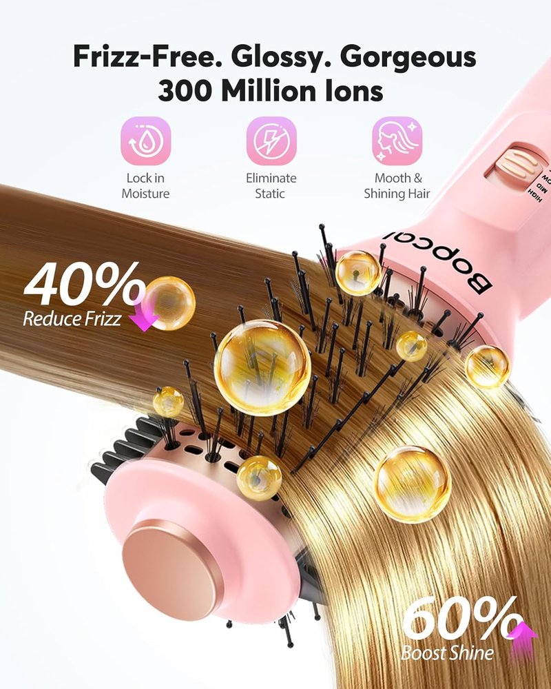 Bopcal 2" Travel Blow Dryer Brush - 4-in-1 Ionic Hot Air Brush for Volumizing, Straightening & Curling | Dual Voltage 100-240V