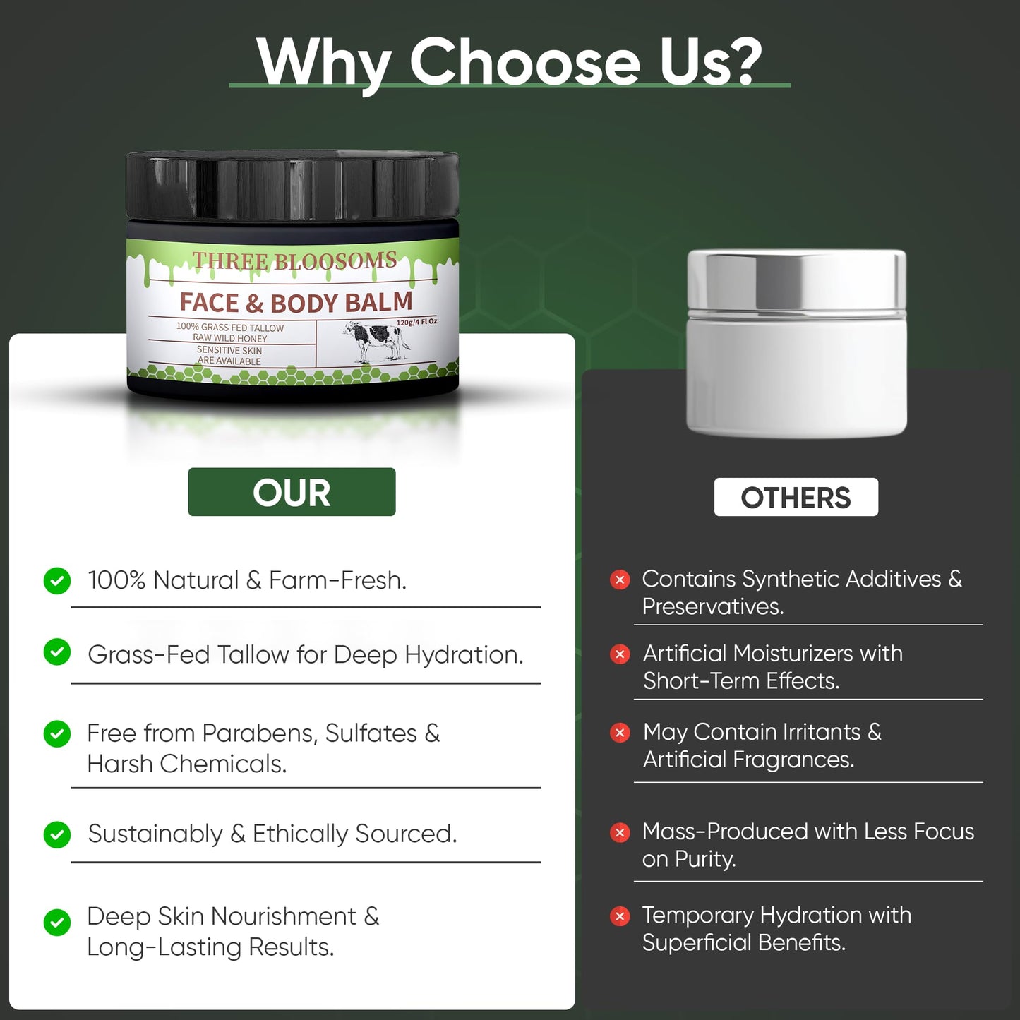Three Bloosoms Organic Beef Tallow Balm for Face and Skin, 100% Natural Body Cream Moisturizing, Nurishing and Long Lasting, Anti-Wrinkle, Improves Skin Softness