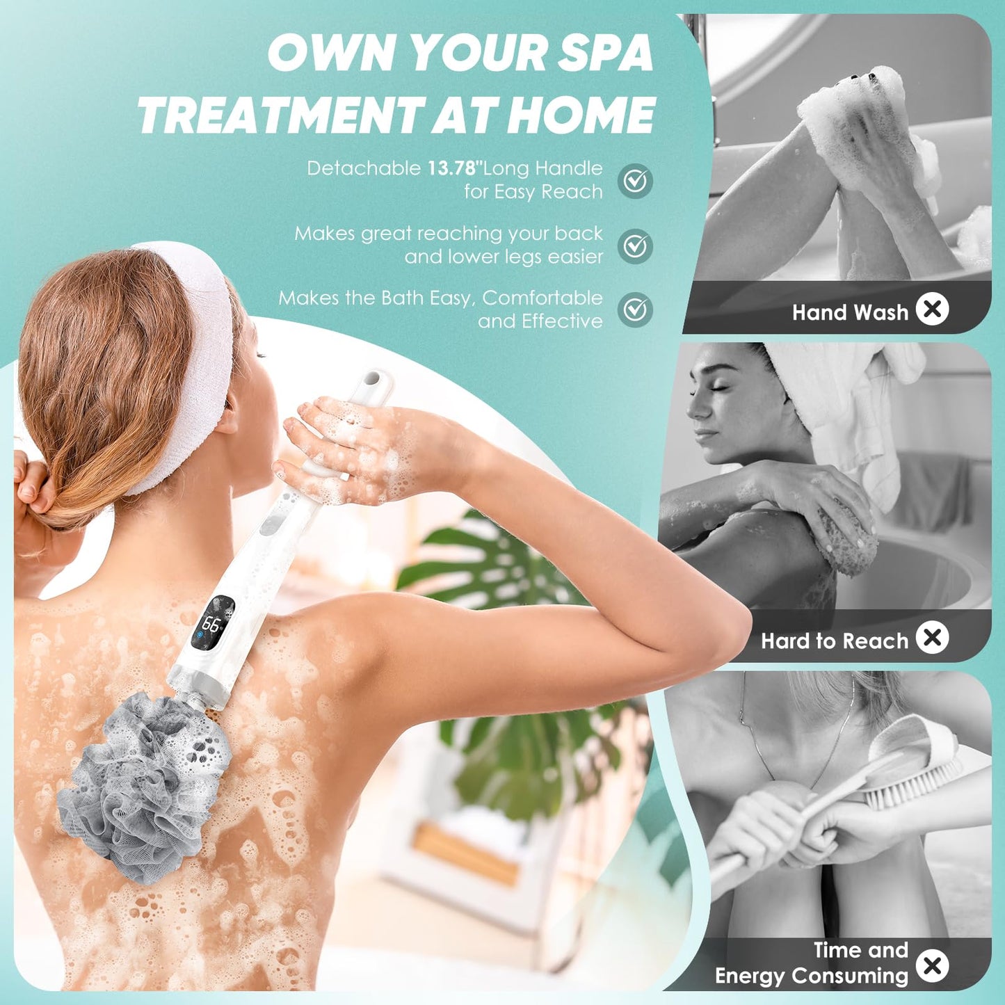 Electric Body Brush Back Scrubber for Shower, Waterproof Long Handle Power Body Scrubber with 3 Heads & 2 Speeds, Rechargeable Bath Brush for Cleansing, Exfoliating, Massaging and Foot Callus Remover