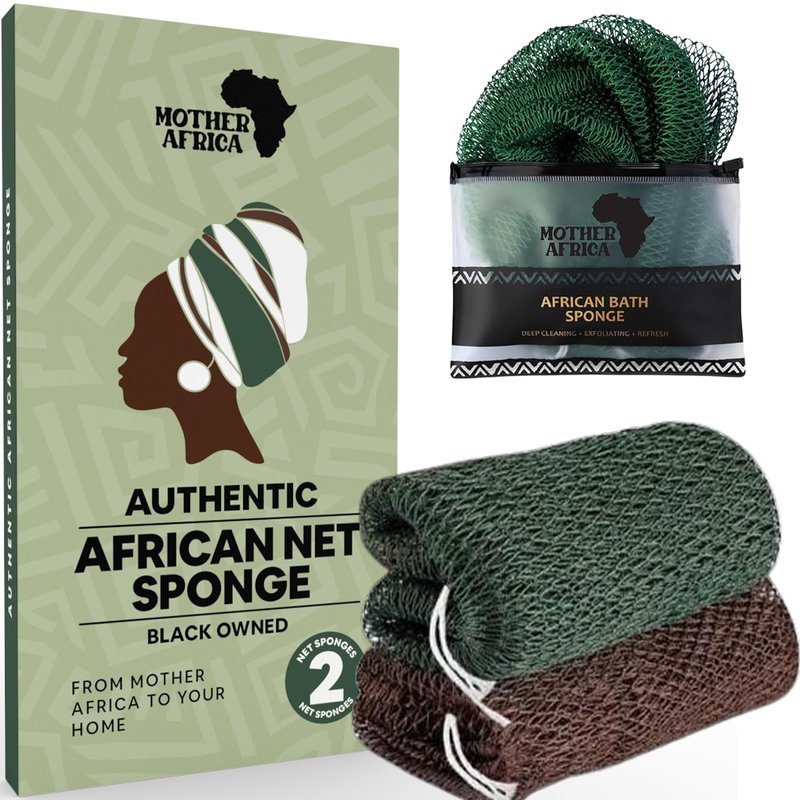 MOTHER AFRICA African Net Sponge Authentic with Knots 2 Pack Black Owned Exfoliating Body Scrubber Bath Sponge for Shower Washcloth Loofah Gentle Deep Cleansing Back Scrubber Face & Body Men & Woman