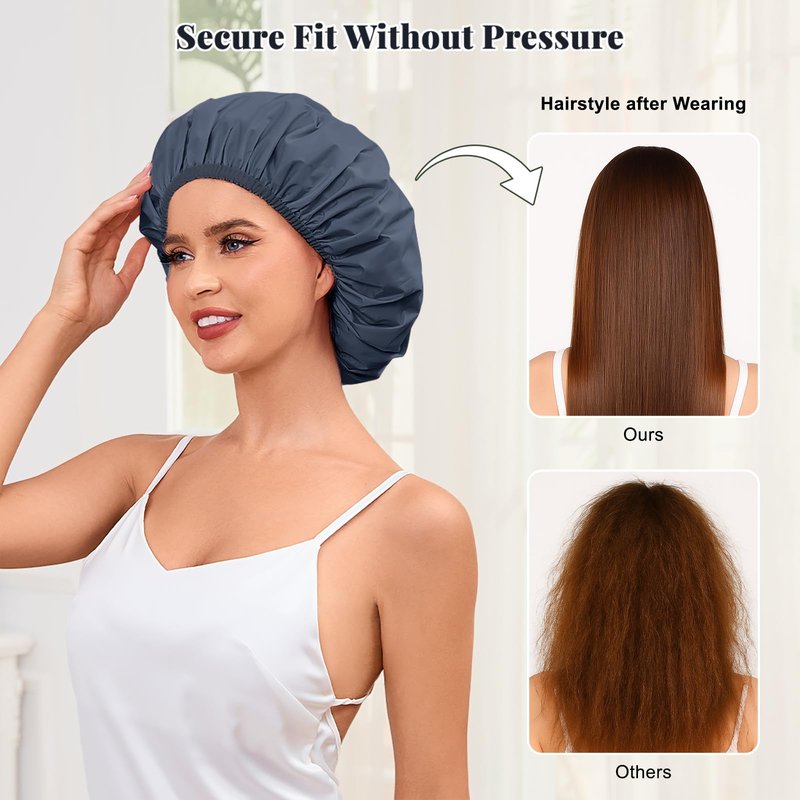 Shower Cap for Women Waterproof Reusable, Large Shower Cap Non-Slip with Elastic Band, Washable Bath Hair Hat for Long Hair, Braids (Navy Blue)