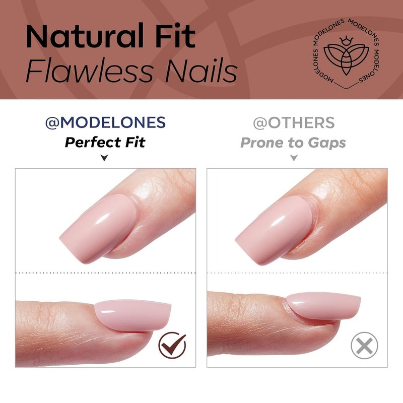 Modelones Brown Press-On Nails - Short Square Fake Nails, Reusable Kit with Glue & Mini File | 32 Pcs, 16 Sizes