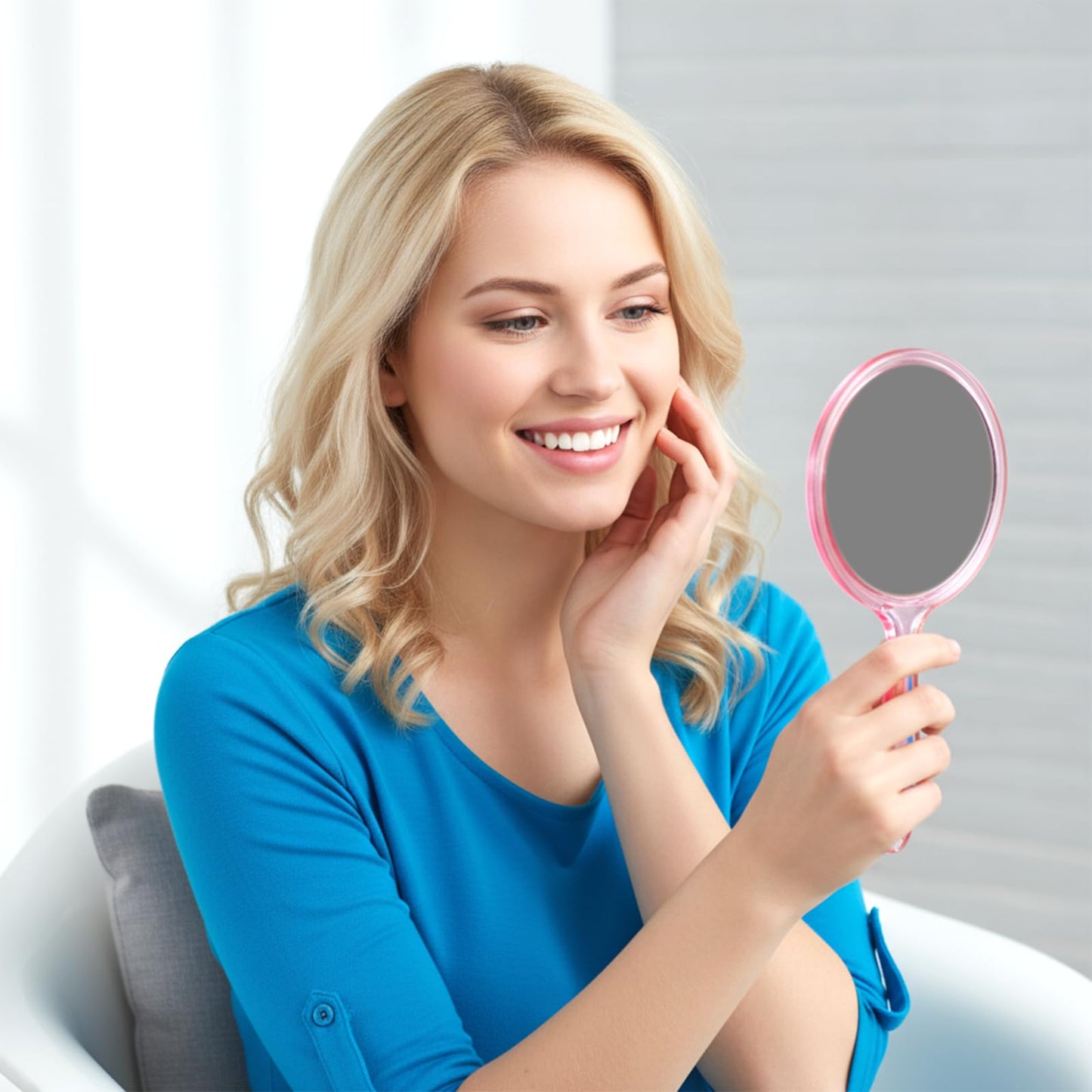 Zyghjort Hand Mirror with Handle, Double-Sided 1X/5X Handheld Magnifying Makeup Mirror for Women Travel Vanity & Salon Face Grooming, Large 8.2"x4.1" - Pink