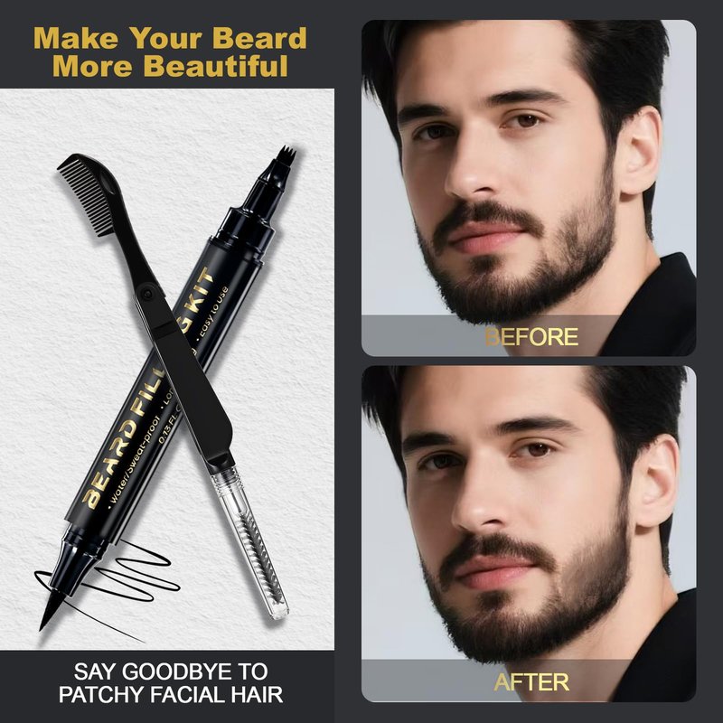 3 PCS Beard Pen Filler for Men - Black 4 Tip Pen for Natural Looking Appearance - 2 Fillers & 1 Double Head Brush - Waterproof Four Fork Eyebrow Pencil Eyeliner (Black)
