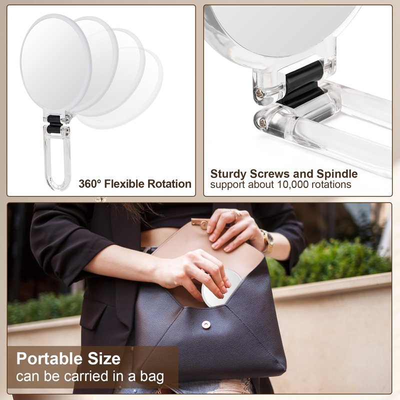 BOOMIBOO 1X/10X Magnifying Handheld Mirror Double Sided, Foldable Travel Makeup Mirror, Adjustable Rotation Pedestal Hand/Hanging/Desk Vanity Mirror-Clear
