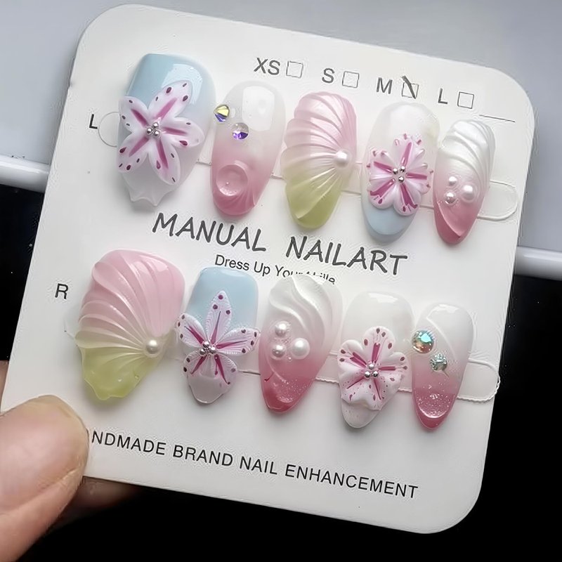 Skiennix 3D Flower Press On Nails - Handmade Pink & Blue Almond Nails with Pearl & Rhinestone | Reusable Acrylic for Spring/Summer Parties