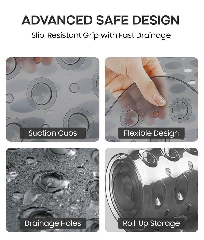 ADOV Corner Shower Mat Non Slip, 21x21 inch Curved Shower Mats for Inside Shower, Anti-Slip Bath Mat with Strong Suction Cup, Drain Holes, Machine Washable, Ideal for the Elderly (Grey)