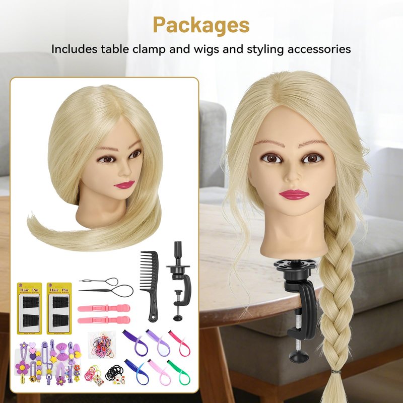 Mannequin Head with 90% Human Hair, 24" Hair Doll Head for Cosmetology & Hairdresser,Real Hair Manikin Doll Styling Head,Hairdressing Training Braiding Head with Table Clamp+Styling Set