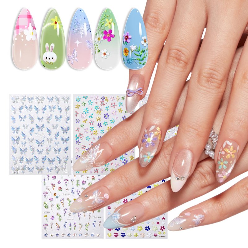 Modelones Flower Nail Stickers - 3D Embossed Colorful Floral Designs for Spring & Easter | 5 Pcs Set