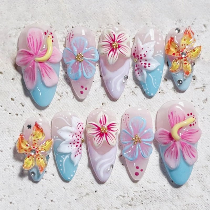 3D Flower Press-On Nails - Medium Almond French Tip with Rhinestones | Tropical Floral Pink Blue Gradient, Reusable Full Cover for Women