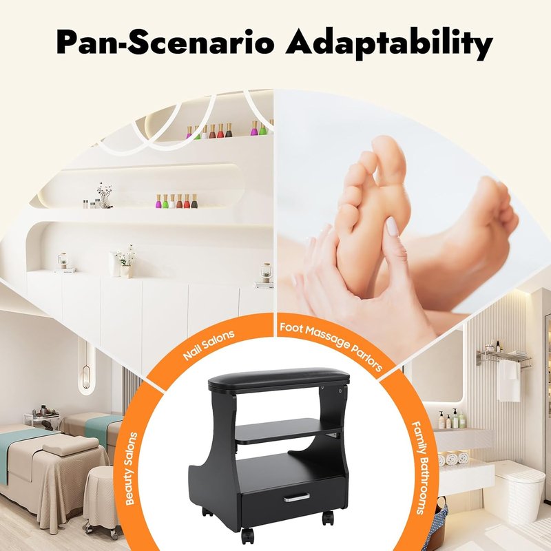 Pedicure Foot Rest - Lockable Wheels, Removable Shelf & Drawer | PU Cushion Beauty Stool for Home Salon