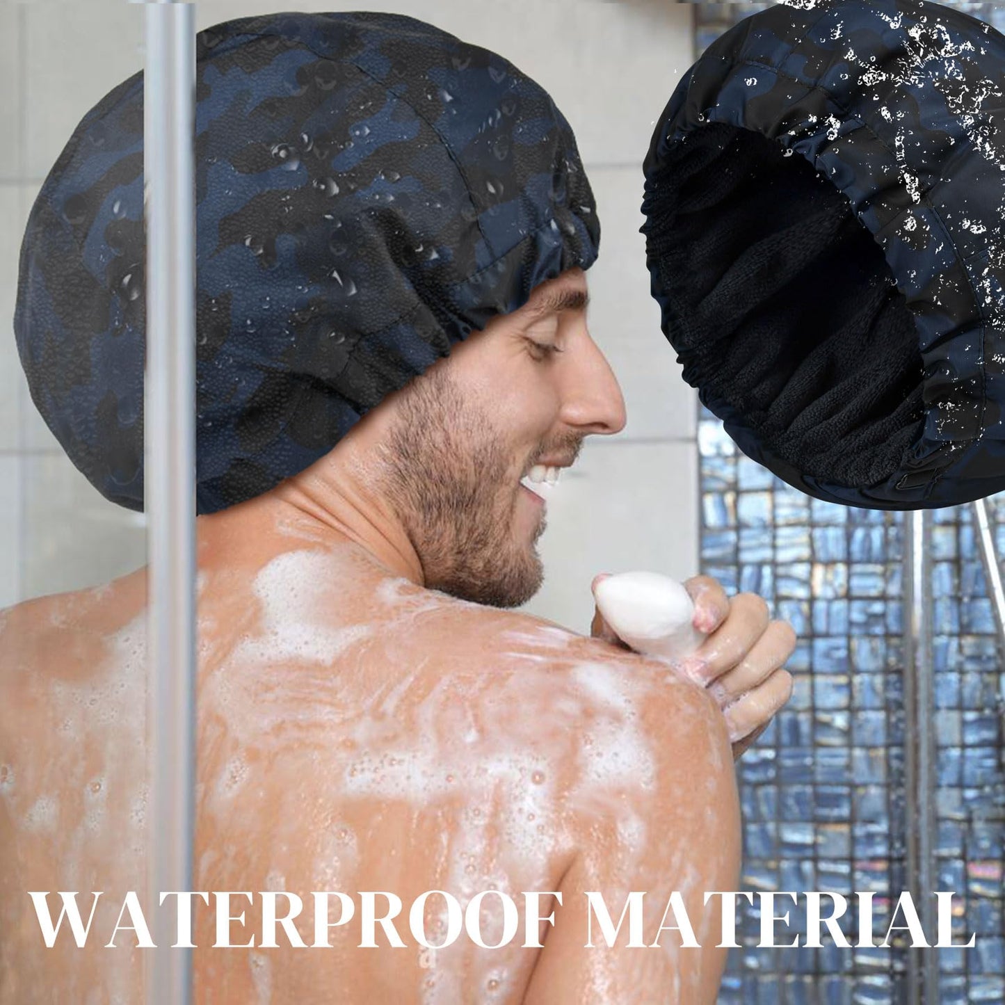 Shower Cap for Men Blue Camouflage Bath Cap, Reversible Large Waterproof Adjustable Shower Caps Terry Lining & Elastic Band Stretch Hem Hair Hat