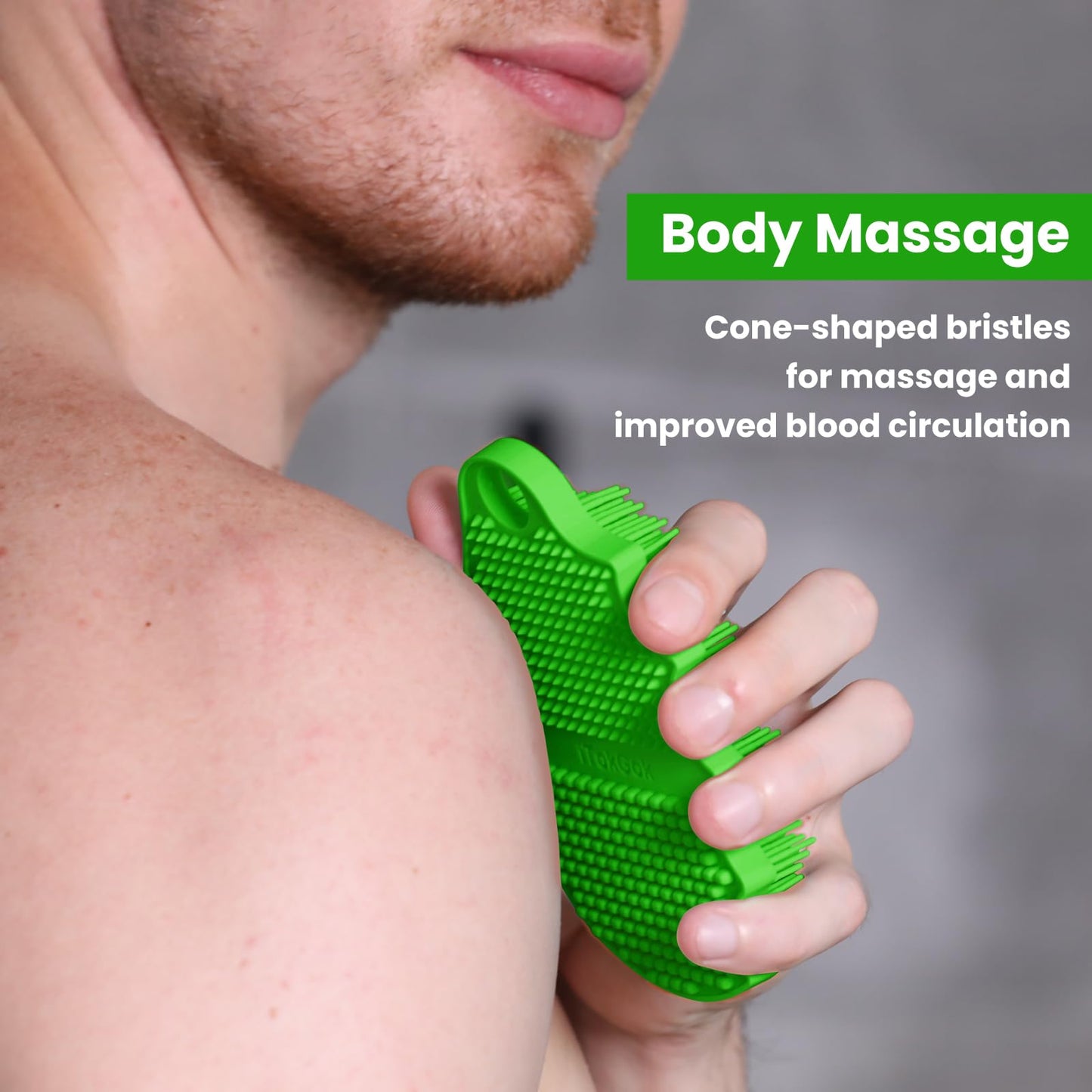 iTokGok Silicone Body Scrubber Silver-Infused Dual-Sided 3-in-1 for Shower, Body Cleaning+Massage+Exfoliator Body Brush Buffer for Men and Women, Silicone Loofah, Non-Slip Handle (Green)