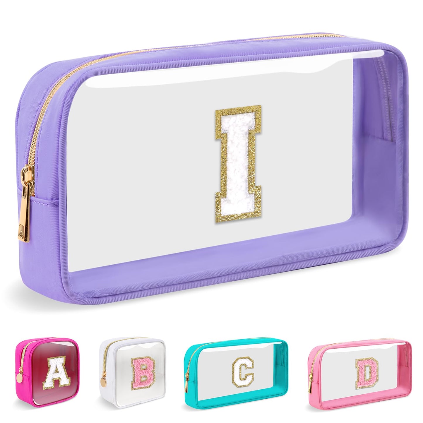 Small Clear Personalized Initial Makeup Bag,Nylon Preppy A-Z Chenille Letter Patch Cosmetic Pouch Beach Toiletry Bag,Waterproof Zip Travel Purse Storage Bag Organizer for Women Girls(Purple-White I)