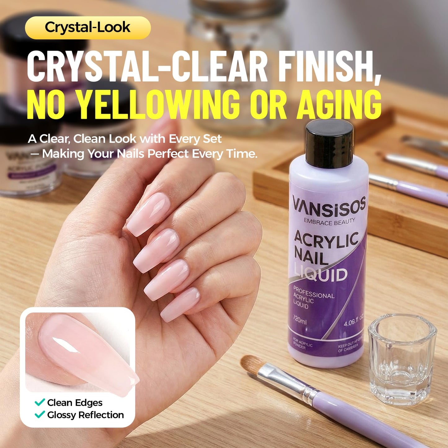 VANSISOS Monomer Acrylic Nail Liquid: 120ml EMA Low Odor Monomer Acrylic Liquid for Nails with Brush Ideal for Beginners Perfect for Salon and Home Use