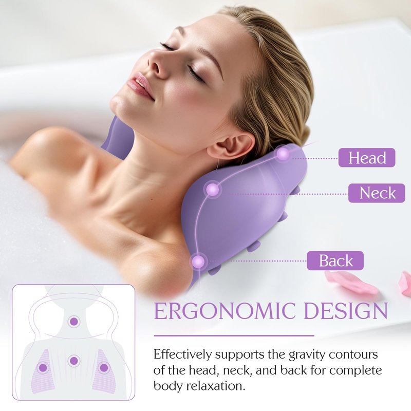 Silicone Bath Pillow, New Material Bath Pillows for Tub Head Neck and Back Support, Bath Tub Pillow with 4D Press Inflatable Airbag and Non-Slip Strong Suction Cups, Quick-Drying, Easy to Store,Purple