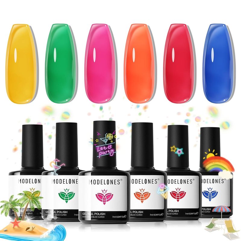 Modelones Gel Nail Polish Set - 6 Vivid Rainbow Colors | Neon Jelly Soak Off for DIY Nails