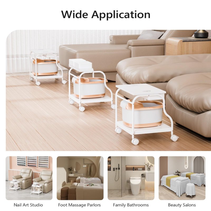 OmySalon Pedicure Cart Foot Bath Trolley, Portable Salon Nail Esthetician Rolling Cart, Adjustable Manicure & Foot Massage Stool w/PU Cushion, Locking Wheels, for Spa, Salon & Home (White)