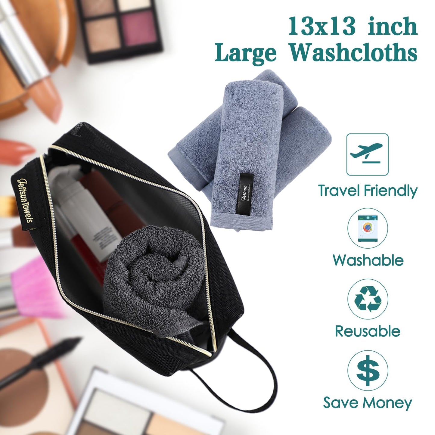Reusable Makeup Remover Towels, 13x13 inch Extra Large Wash Cloths for Face and Body, Super Soft and Gentle Face Towel on Sensitive Skin, Easy to Rinse Fast Dry Denim Blue Facial Cleansing Cloths