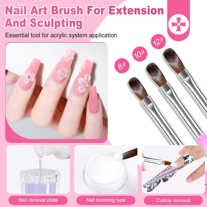 Skiennix Acrylic Nail Kit - Clear White & Pink Powder with Files, Brushes, Tips | Starter Set for Home & Salon